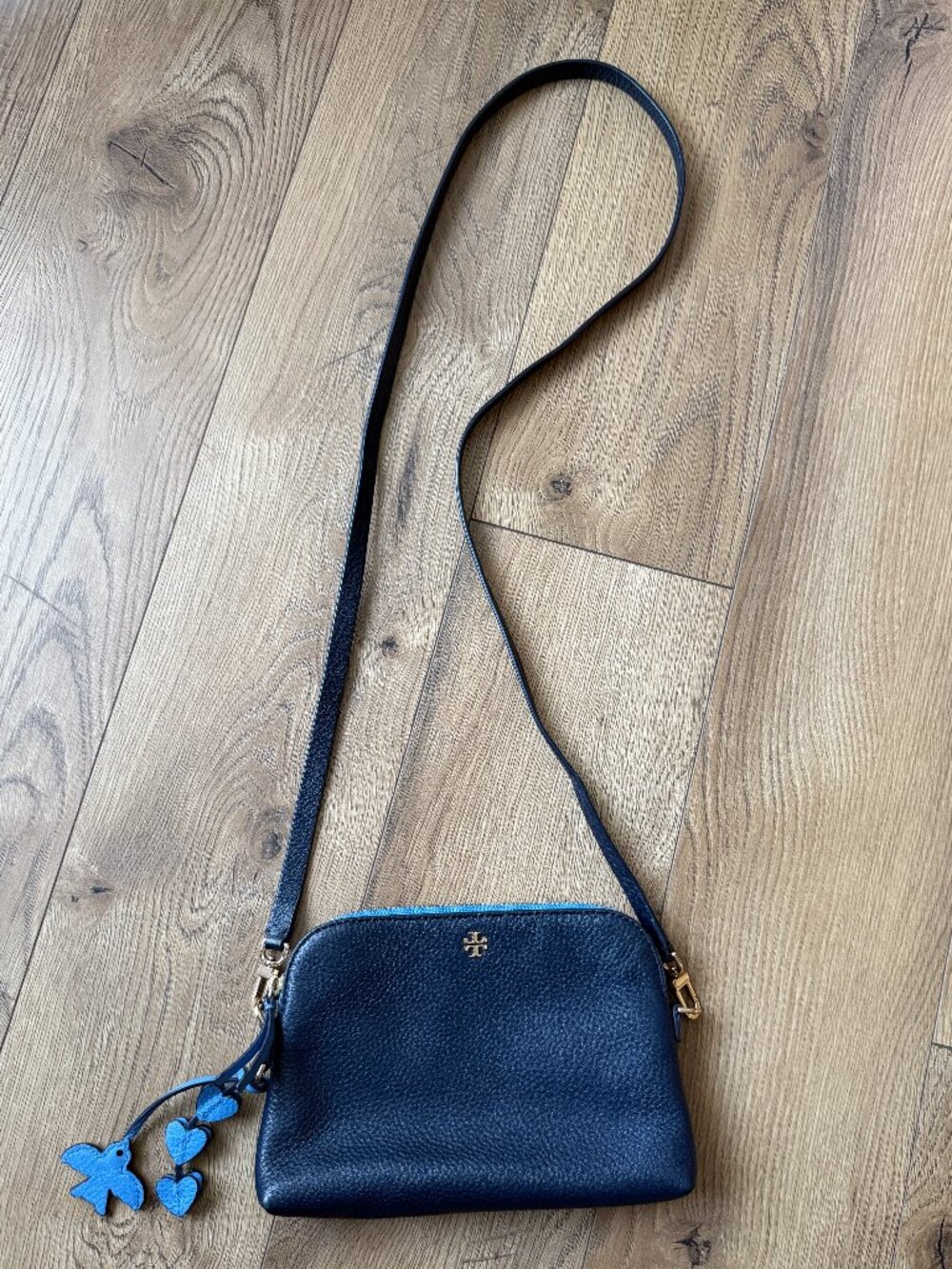 Tory Burch Small Navy Blue Pebbled Leather Crossbody Bag